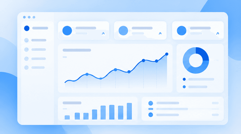 Blue analytics dashboard illustration with line, bar and donut charts for the Easy Fashion case study