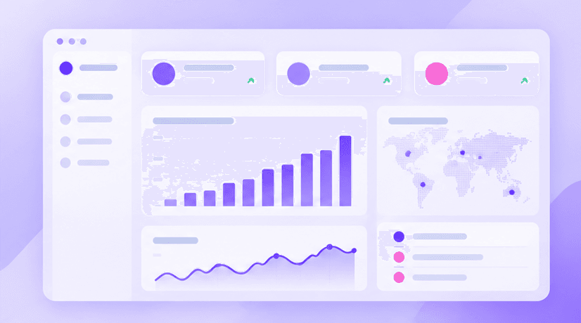 Purple analytics dashboard illustration with bar, line and world-map charts for the iNFINITY Mega Mall case study