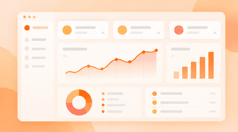 Orange analytics dashboard illustration with line, bar and donut charts for the SuperFit Food case study